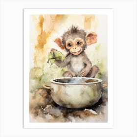 Monkey Painting Cooking Watercolour 3 Art Print