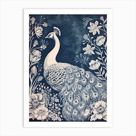 Peacock Folk Floral Linocut Inspired 3 Art Print