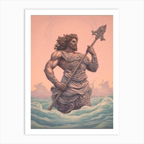  Drawing Of Poseidon Standing On An Ocean Wave 2 Art Print