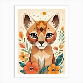 Floral Cute Baby Puma Nursery Illustration (38) Art Print