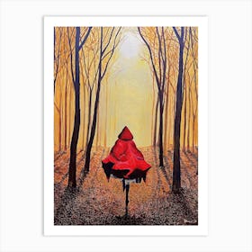 Woman In Red Cape Running In Forest Art Print