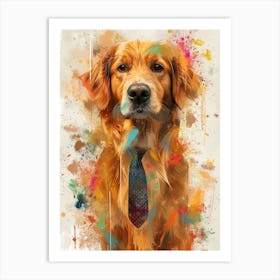 Kitsch Portrait Of A Golden Retriever In A Tie 1 Art Print