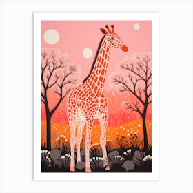 Giraffe With Trees In The Background Pink & Mustard 1 Art Print