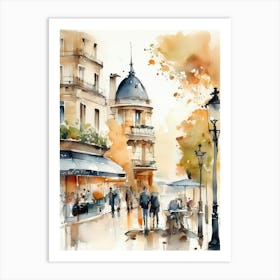 Paris city, passersby, cafes, apricot atmosphere, watercolors.8 Art Print