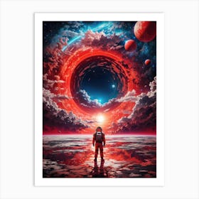 Amidst surreal planets, a lone astronaut witnesses a galactic fantasy—the universe collapsing into a cosmic dance around a devouring black hole. Art Print