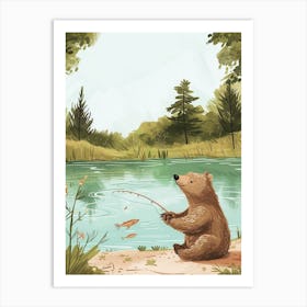 Sloth Bear Catching Fish In A Tranquil Lake Storybook Illustration 3 Art Print