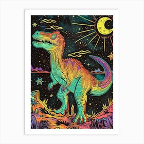 Neon Dinosaur At Night Linework Art Print