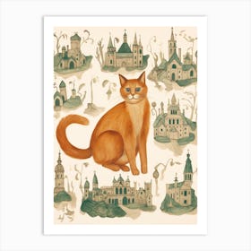 Curious Ginger Cat With Medieval Castles & Churches Art Print