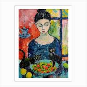 Portrait Of A Girl With Cats Eating Salad 4 Art Print