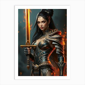 Female Warrior with Burning Sword Art Print