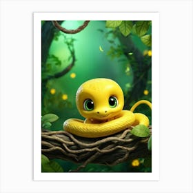 3d Animation Featuring A Yellow Baby Snake Showcasing A Mix Of Surprise And Charm With Vibrant Gre Art Print