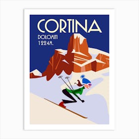 Cortina Dolomiti Ski Poster White & Navy Art Print