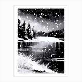 Snowflakes Falling By A Lake, Snowflakes, Black & White 4 Art Print