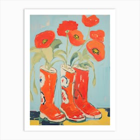 Painting Of Red Flowers And Cowboy Boots, Oil Style 3 Art Print