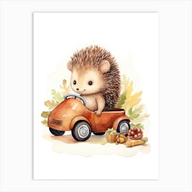Baby Hedgehog On Toy Car, Watercolour Nursery 1 Art Print