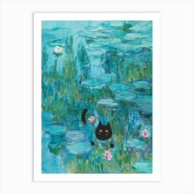 Black Cat in Monet's Water Lilies Funny Famous Cat Art - Beautiful Garden Flowers Claude Monet in HD Art Print