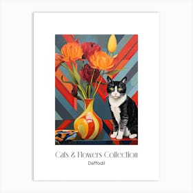 Cats & Flowers Collection Daffodil Flower Vase And A Cat, A Painting In The Style Of Matisse 6 Art Print