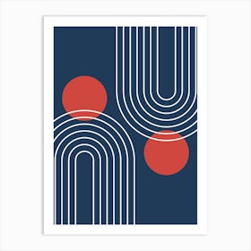 Mid Century Modern Geometric In Navy Blue And Clear Red (Rainbow And Sun Abstract) 01 Art Print