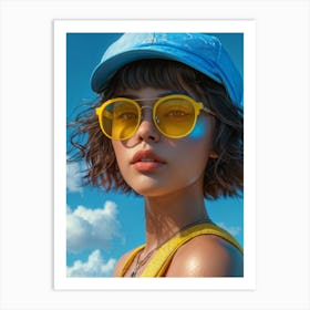 An Avatar Featuring A Youthful Female Character Sporting A Striking Blue Face Cap On Top Their Wide Art Print