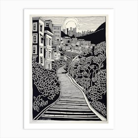 Lombard Street San Francisco Linocut Illustration Style 1 Art Print