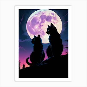 Two Black Cats Silhouetted Against A Pink Full Moon Art Print