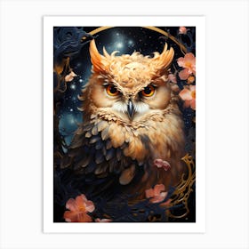 Owl With Flowers Art Print