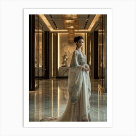 Asian Woman Stands Poised In A Luxurious Fashion Ensemble Contrasting Traditional Elements With Hig (4) Art Print