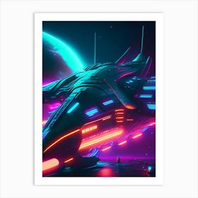 Spaceship Neon Nights Space Art Print