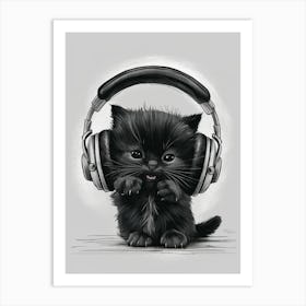 Black Kitten With Headphones Art Print