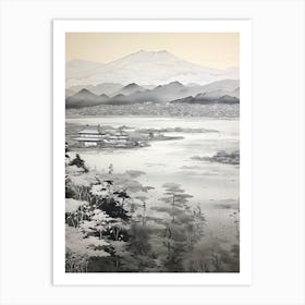 Amanohashidate In Kyoto, Ukiyo E Black And White Line Art Drawing 8 Art Print