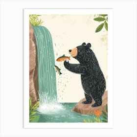 American Black Bear Catching Fish In A Waterfall Storybook Illustration 1 Art Print