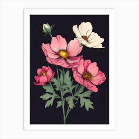 Pink Flowers On Black Background Art Print