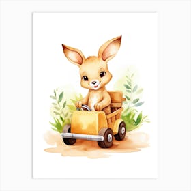 Baby Kangaroo On Toy Car, Watercolour Nursery 0 Art Print