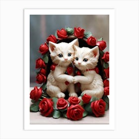 Two Kittens With Roses 2 Art Print