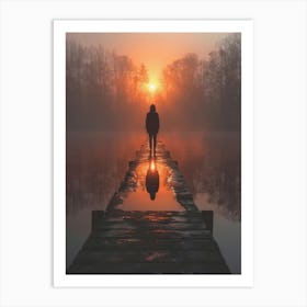 Person Standing On A Dock At Sunrise Art Print