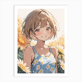 Summer Flowers And Smiling Girl Art Print