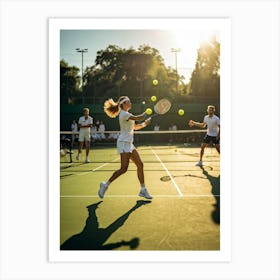 An Energetic Tennis Match In Progress At An Outdoor Courts Players Lobbing Yellow Tennis Balls With Art Print