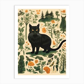 Floral Medieval Illustration With Black Cat Art Print