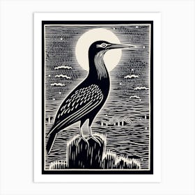 B&W Bird Linocut Cormorant 2 Art Print