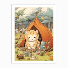 Kawaii Cat Drawings Camping 2 Art Print