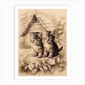 Cute Kittens Outside A Medieval Barn Floral Sepia Art Print