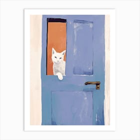 Cat Peeking Out Of Blue Door Art Print
