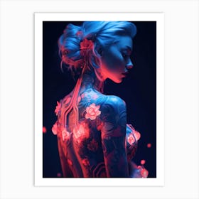 Neon Flower Cyberpunk Girl Art Print