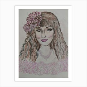 Lady with pink flower Art Print