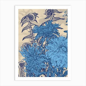 Abstract Botanical Fiddleheads and Dahlias in Indigo and Ivory, Collage No.12623 - 09 Art Print