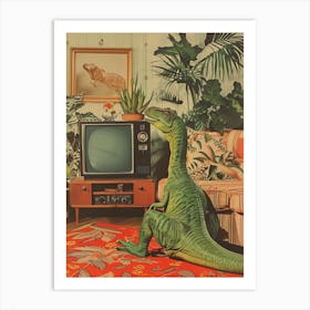Retro Collage Dinosaur Watching Tv 2 Art Print