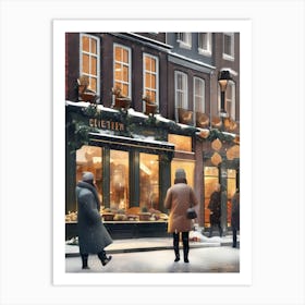 Amsterdam cafes, winter season, Christmas, autumn oil colors, pale colors, pedestrians in the street, winter clothes, falling snow.11 1 Art Print