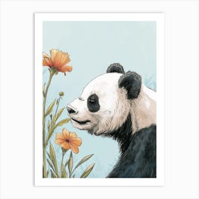 Giant Panda Sniffing A Flower Storybook Illustration 2 Art Print