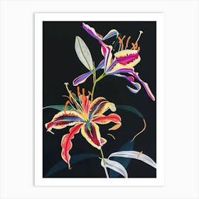 Neon Flowers On Black Gloriosa Lily 3 Art Print