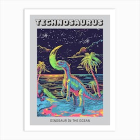 Neon Blue Dinosaur In The Ocean At Night Poster Art Print